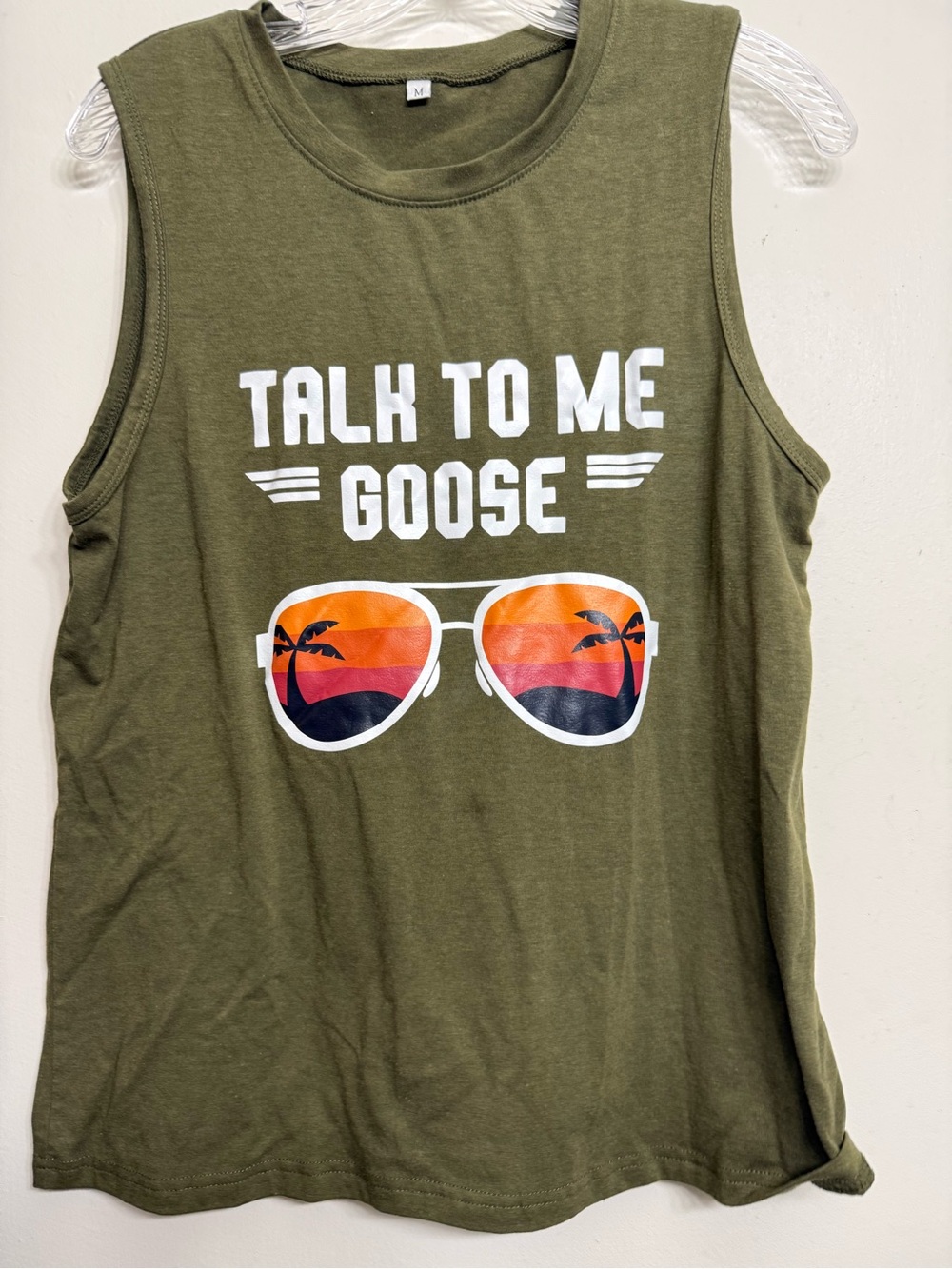 Talk to Me Goose Graphic Tank Top | Olive Green Sleeveless Top | Size Medium